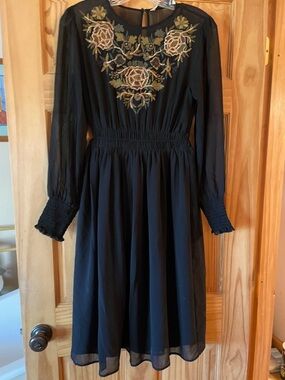 Zara Black Midi Dress with Gold and Pink Floral Embroidery